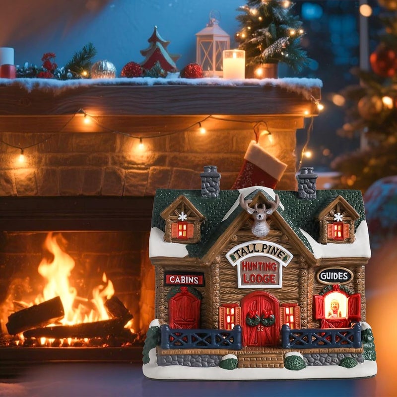 VCUTEKA Christmas Village House Lighted Indoor Decorations Hunting Lodge with LED Light Christmas Village Collectible Buildings Figurines Ceramic House Light up Figurine for Holiday Xmas Decor - Image 4